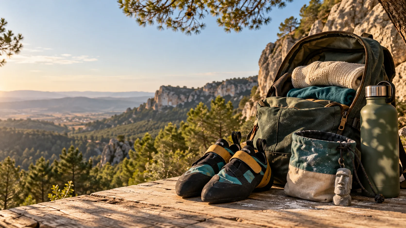 Mochila, ropa cómoda, botella de agua y material de escalada