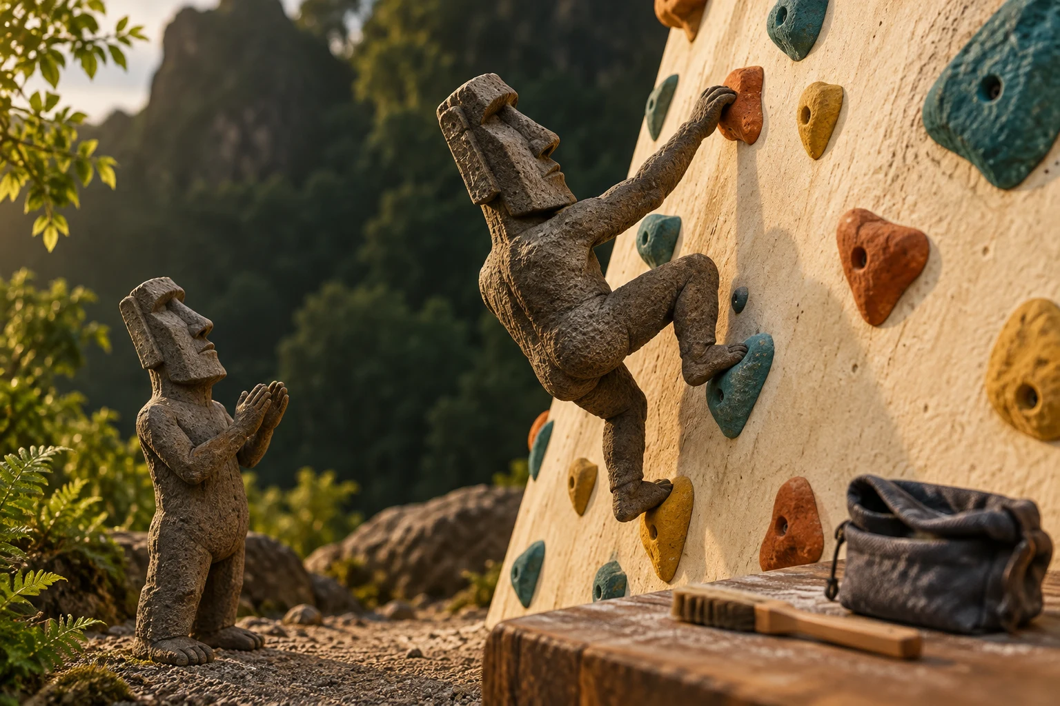 Diorama ilustrativo de dos moáis escaladores que representan progresión y apoyo entre compañeros