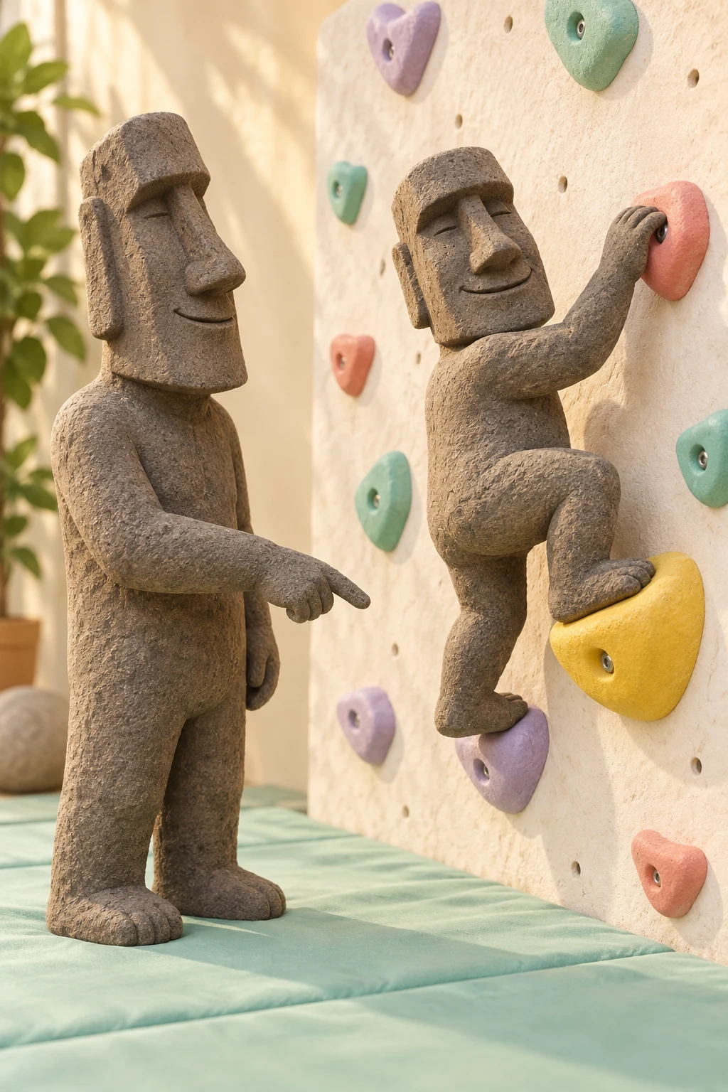 Dos moáis ilustrados junto a una pared de escalada: uno observa sus apoyos y otro le indica dónde colocar el pie
