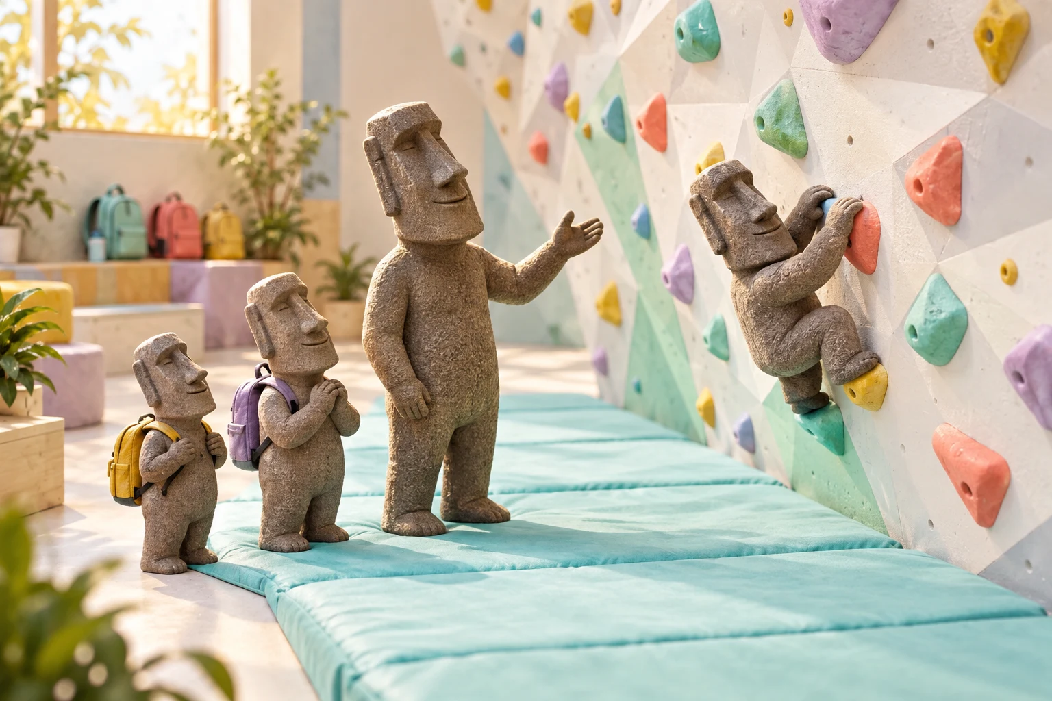 Diorama conceptual de un grupo de moáis y su instructor descubriendo una pared de escalada de colores