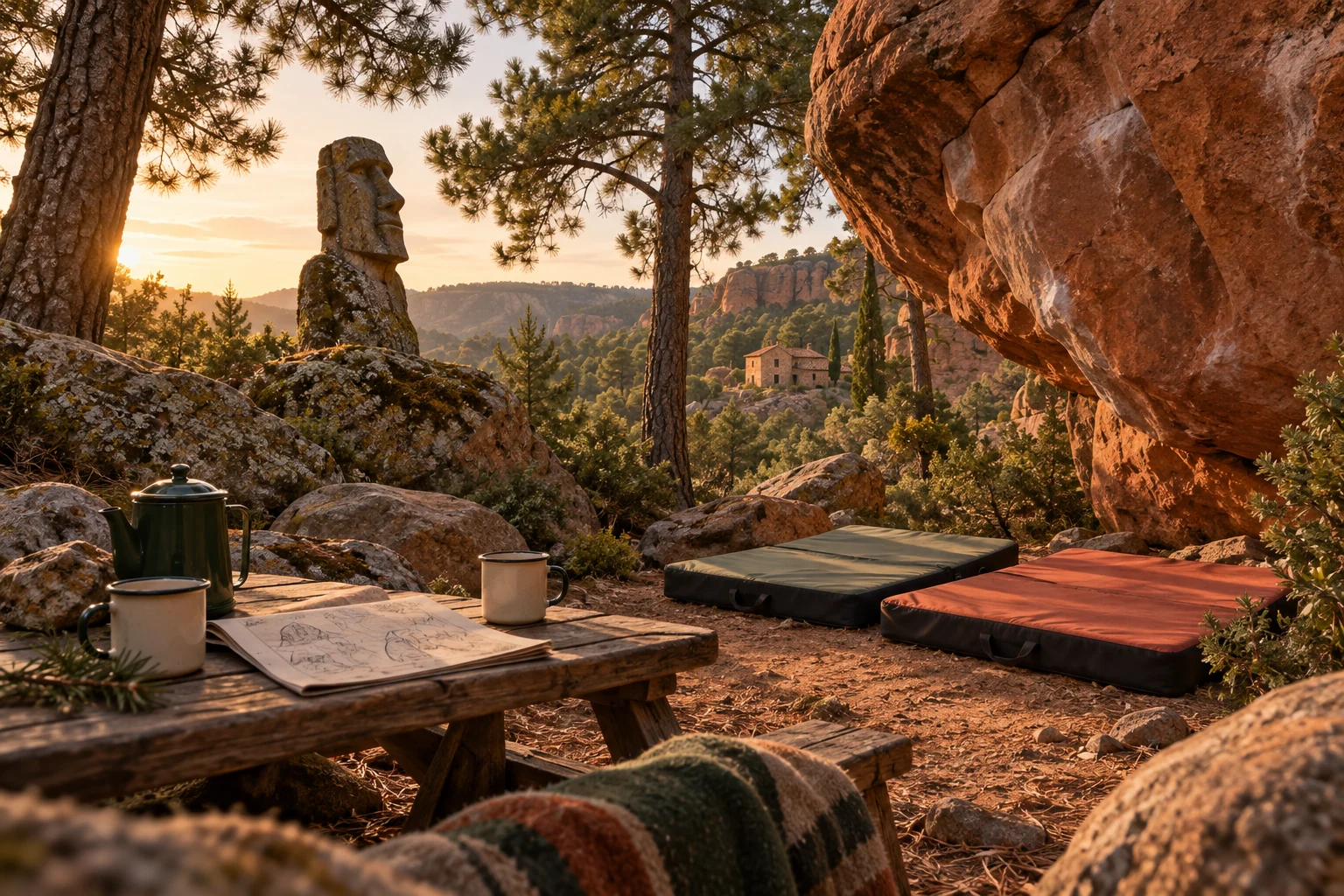 Ilustración de un campamento de escalada entre pinos y roca rojiza, con colchonetas, una mesa compartida y un moái