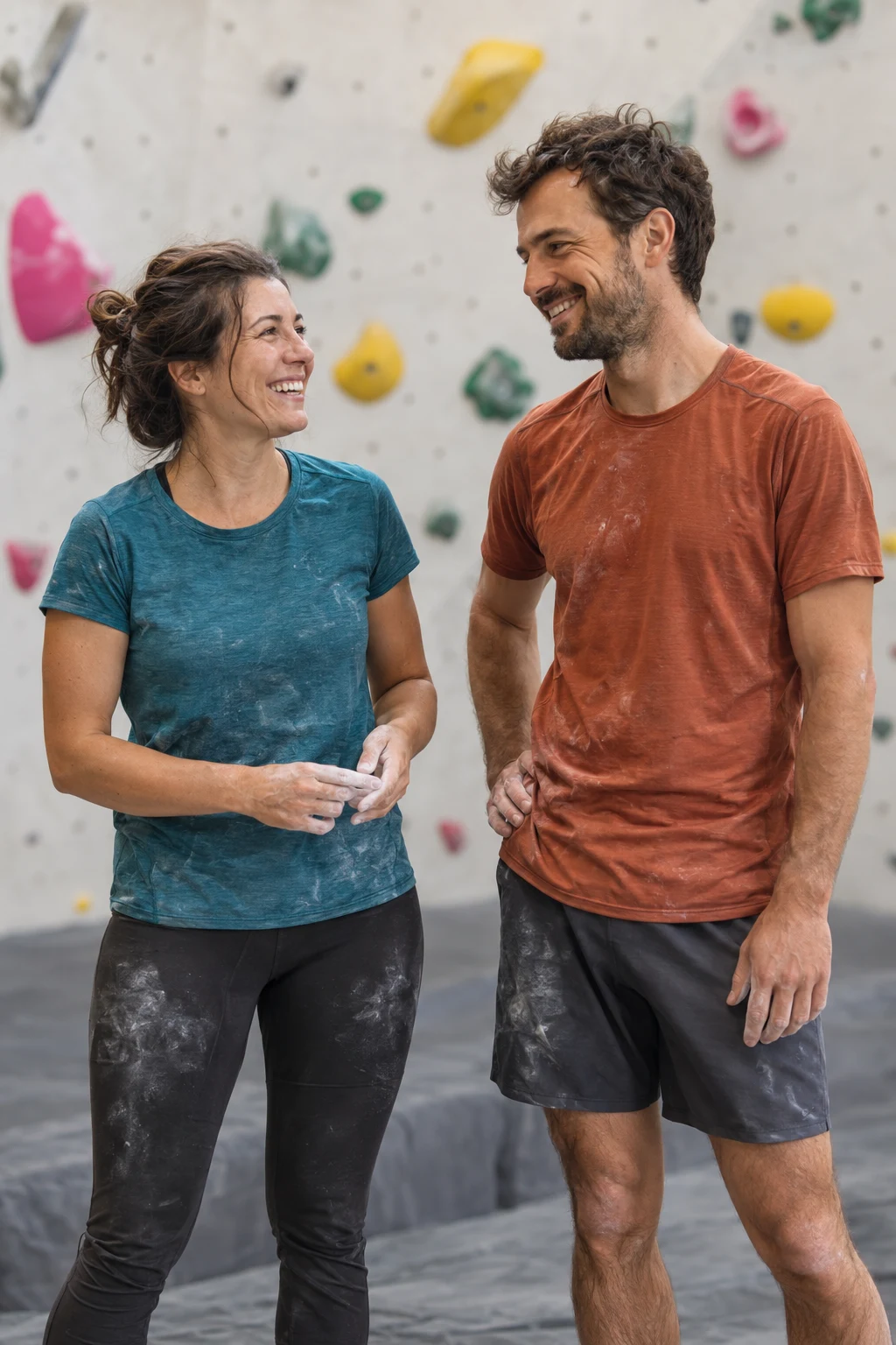 Imagen ilustrativa de dos adultos compartiendo un momento distendido junto a una pared de escalada desenfocada