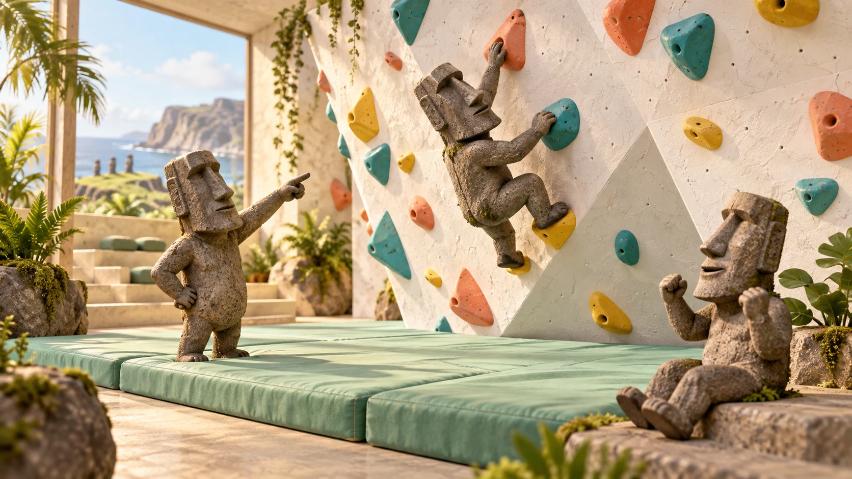 Escena conceptual de tres moáis compartiendo un reto de escalada en una pared de presas de colores