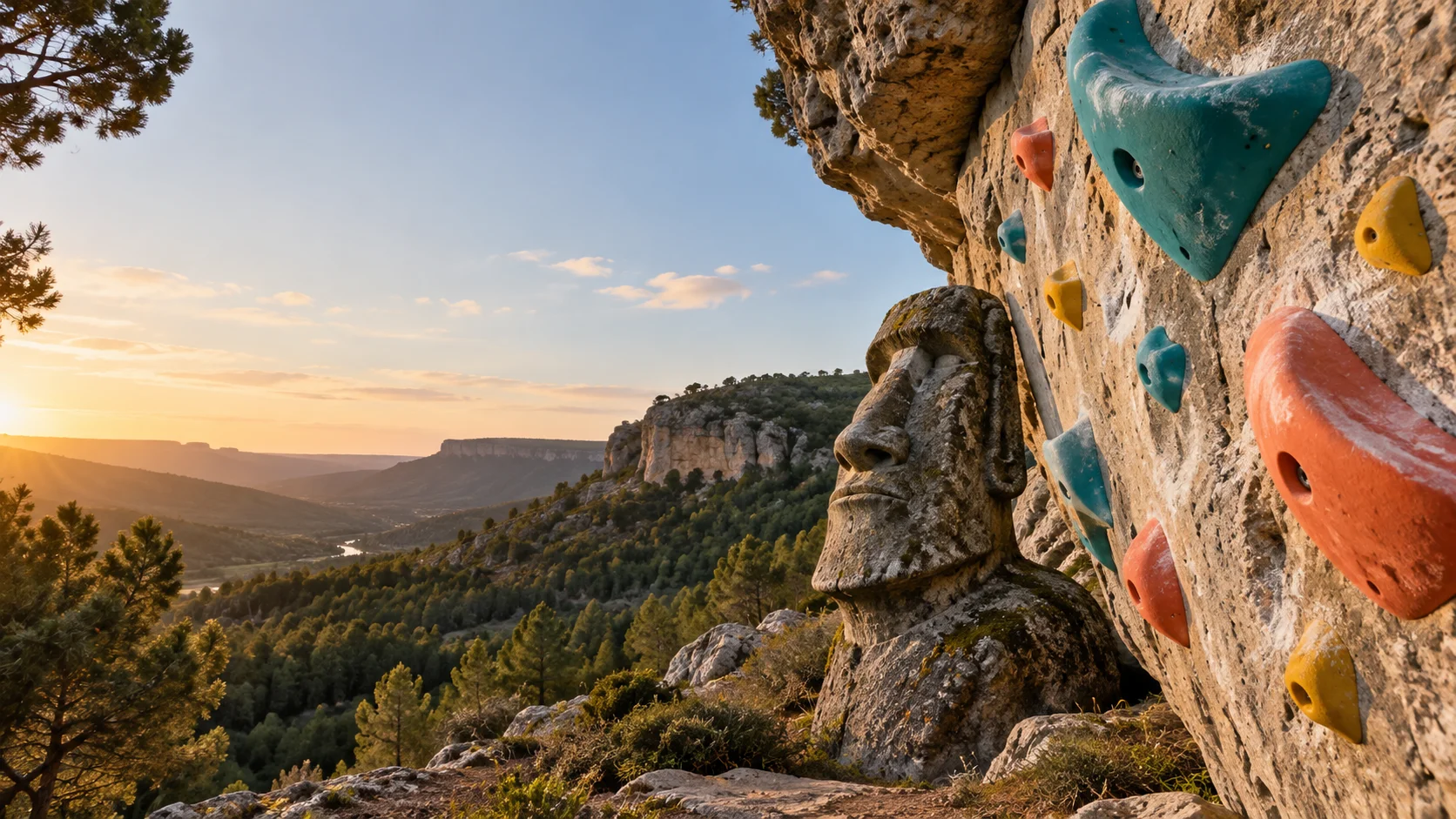 Presas de colores y un moái en una composición sobre la escalada