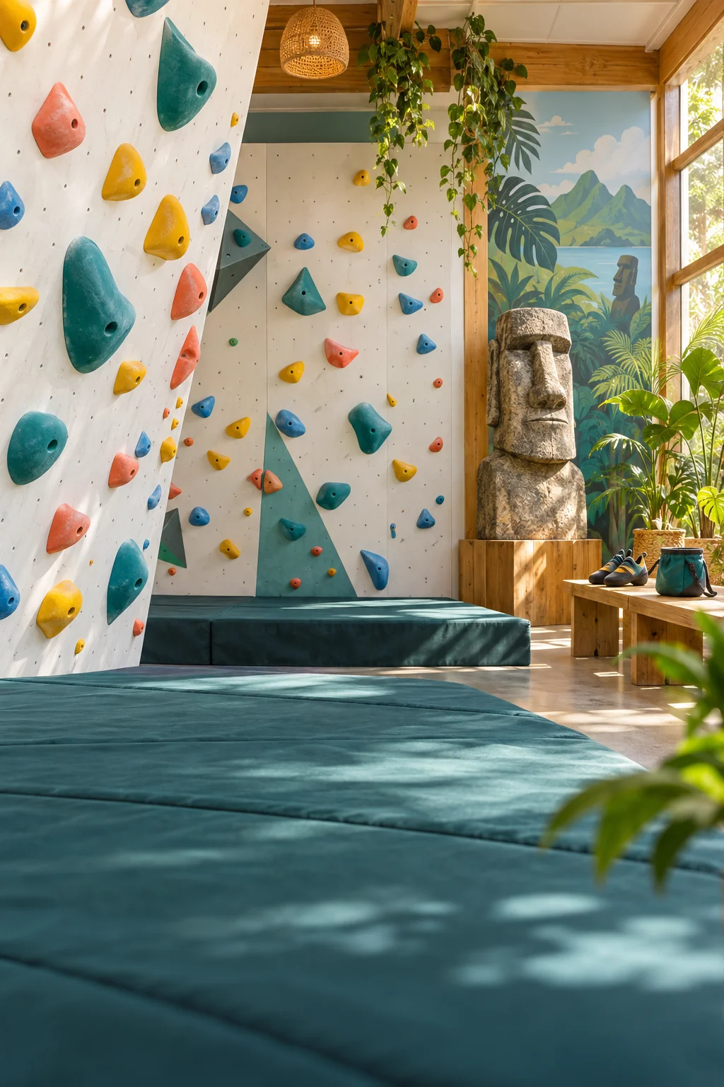 Escena ilustrativa de una pared de aprendizaje con presas de colores y un moái, sin personas