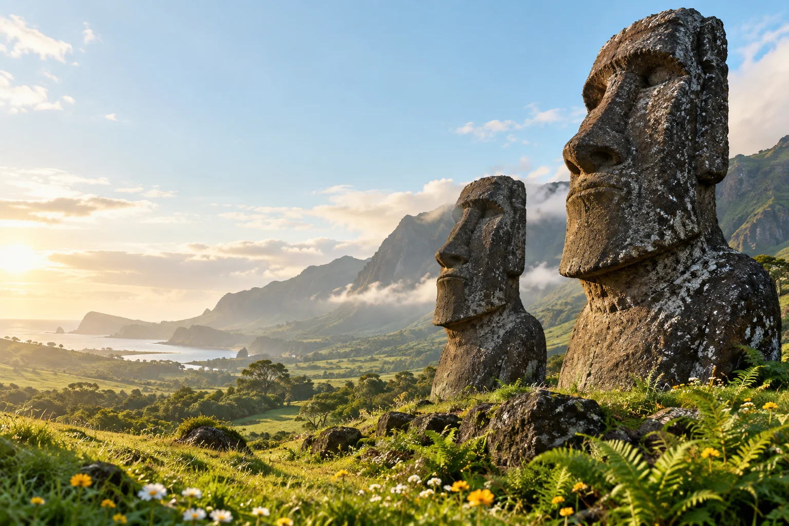 Moáis de piedra en un valle verde de primavera
