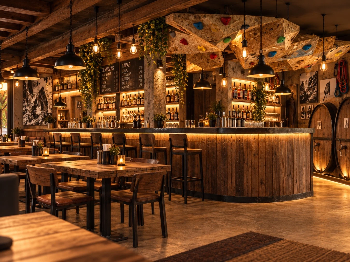 Render de la barra de madera de La Taberna, con lámparas cálidas y presas de escalada en el techo