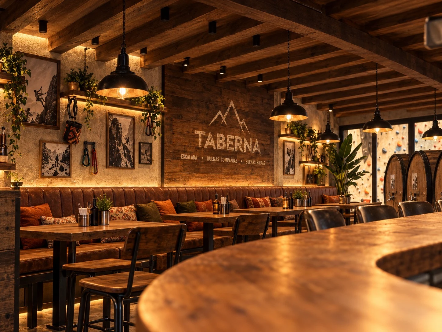 Render del salón con el nombre Taberna en la pared y el rocódromo al fondo